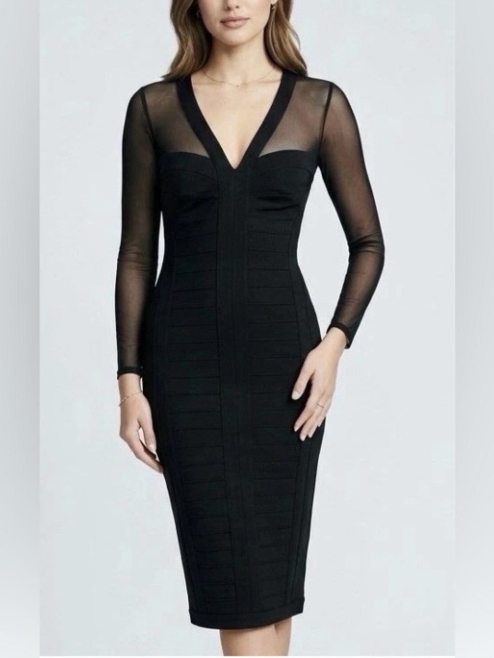 Tadashi Shoji Black Sheer-Panel Long Sleeve Midi Dress
